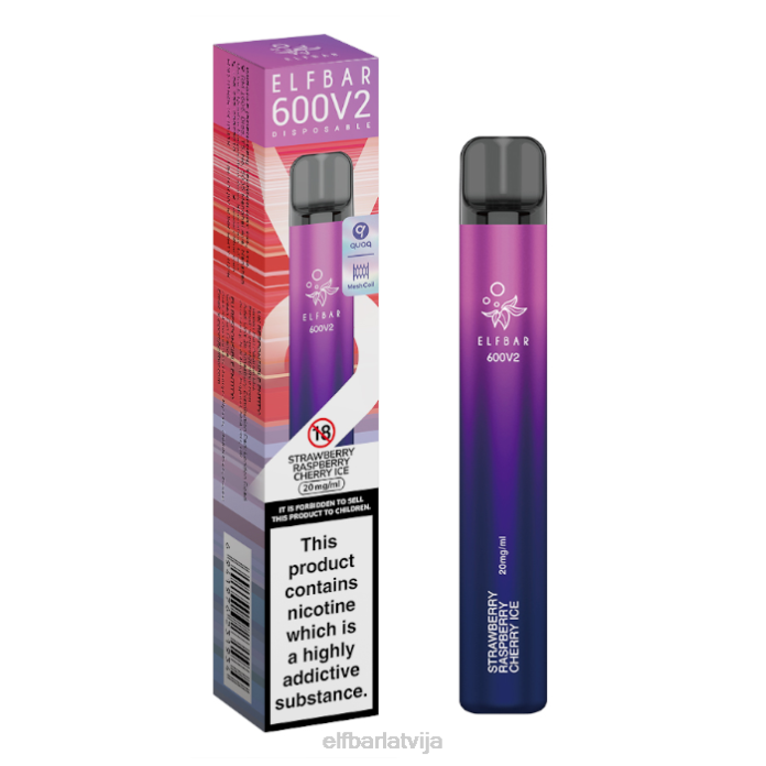 elfbar 600v2 vienreizējās lietošanas vape - 20mg 8L4F18 zemeņu aveņu ķiršu ledus